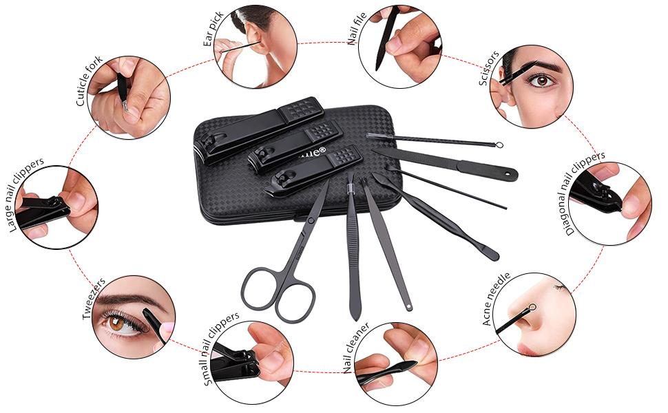 Manicure Set Nail Clippers Kit Professional Stainless Steel Nail Care Tools with Leather Travel Case 10 in 1 Black