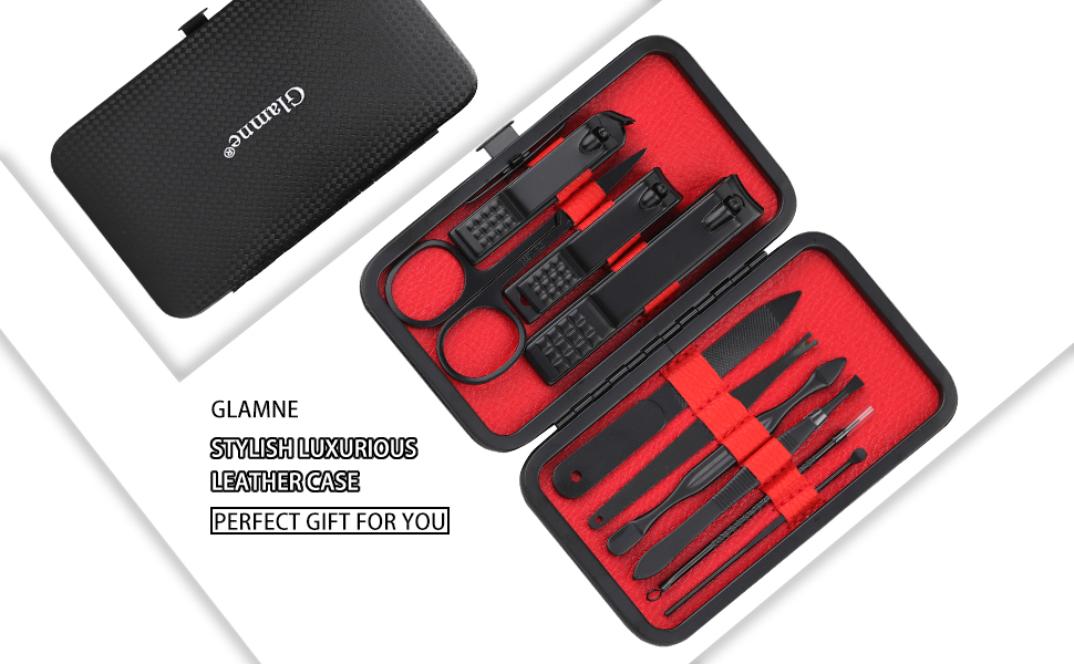 Manicure Set Nail Clippers Kit Professional Stainless Steel Nail Care Tools with Leather Travel Case 10 in 1 Black