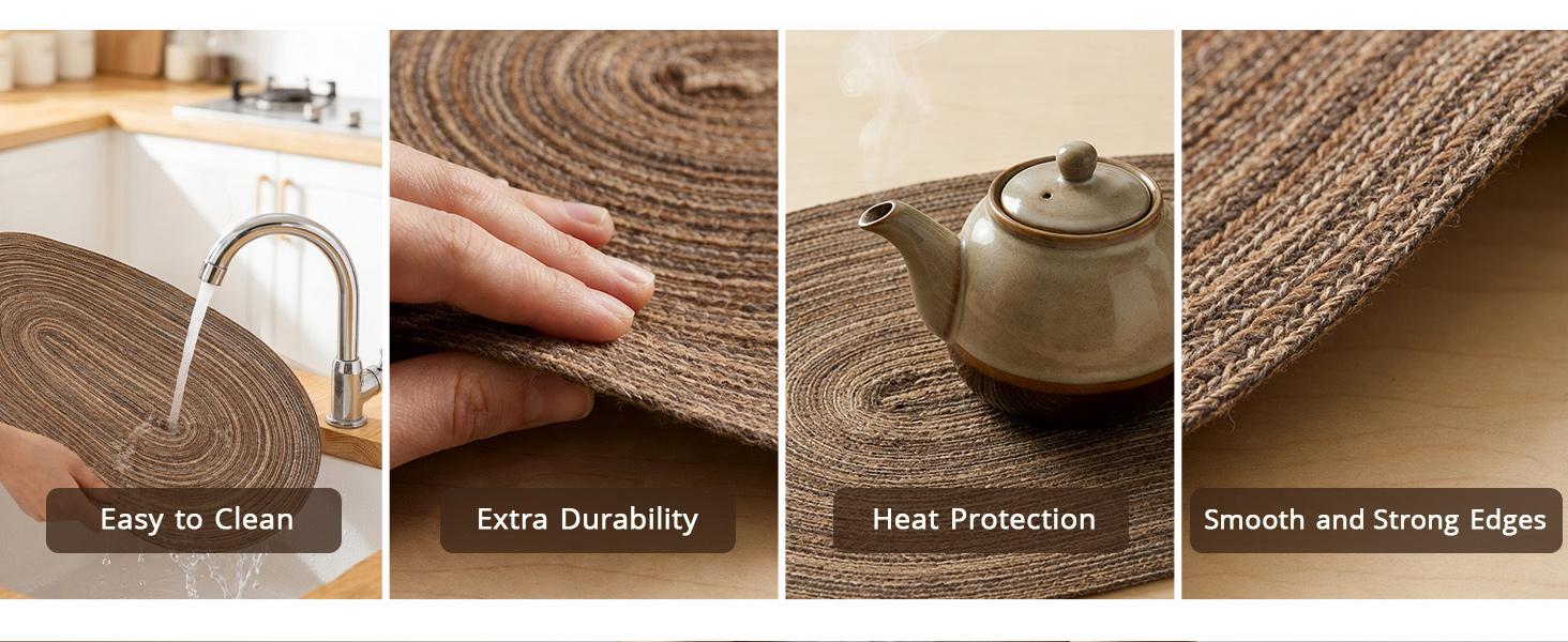 Noctiflorous Woven Oval Braided Placemats Set of 6-12 x 17.5 Inch Washable Non-Slip Heat Resistant Table Mats for Kitchen and Dining（Brown, 6）