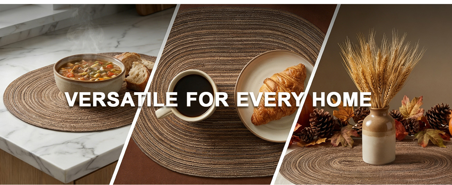 Noctiflorous Woven Oval Braided Placemats Set of 6-12 x 17.5 Inch Washable Non-Slip Heat Resistant Table Mats for Kitchen and Dining（Brown, 6）