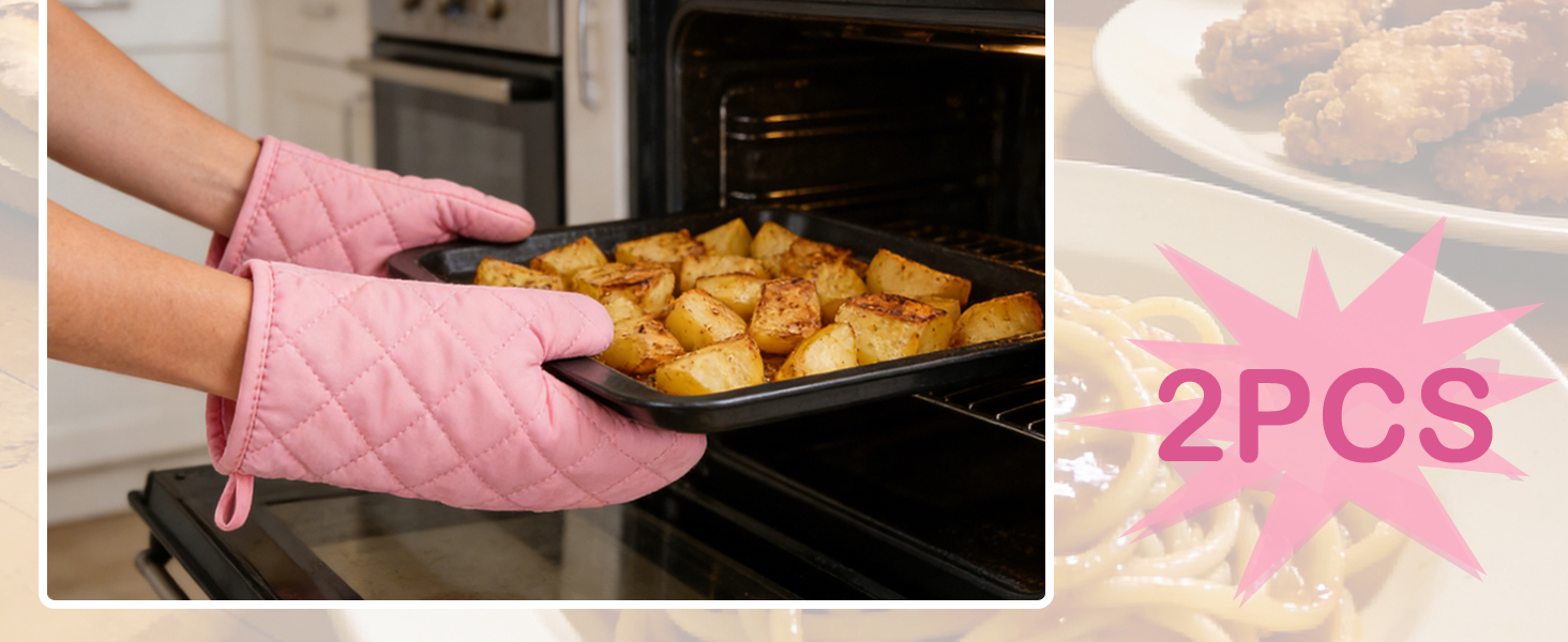 Heat Resistant Thick Cotton Oven Mitts Set, Soft Quilted Lining, Strong Grip Potholders for Hot Pans and Oven, Kitchen Mitt Pair Protect Hands, Cooking Baking BBQ Gloves, 11 Inch, Pink