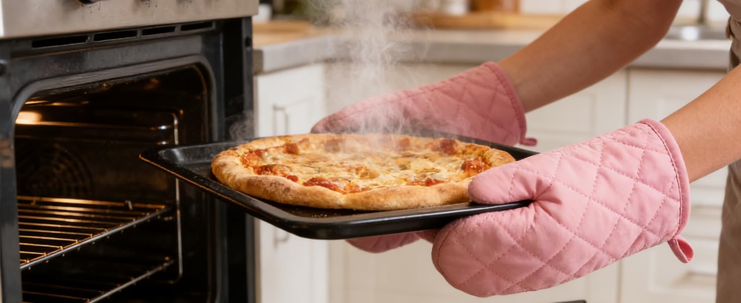 Heat Resistant Thick Cotton Oven Mitts Set, Soft Quilted Lining, Strong Grip Potholders for Hot Pans and Oven, Kitchen Mitt Pair Protect Hands, Cooking Baking BBQ Gloves, 11 Inch, Pink