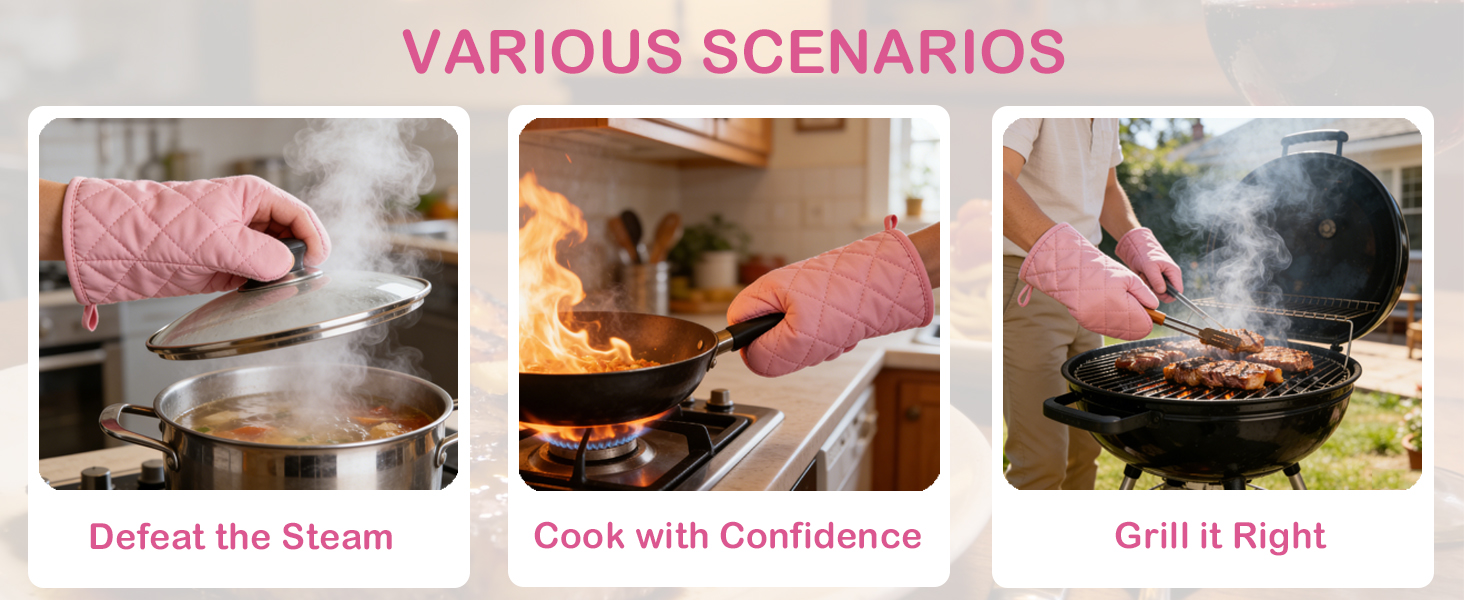 Heat Resistant Thick Cotton Oven Mitts Set, Soft Quilted Lining, Strong Grip Potholders for Hot Pans and Oven, Kitchen Mitt Pair Protect Hands, Cooking Baking BBQ Gloves, 11 Inch, Pink