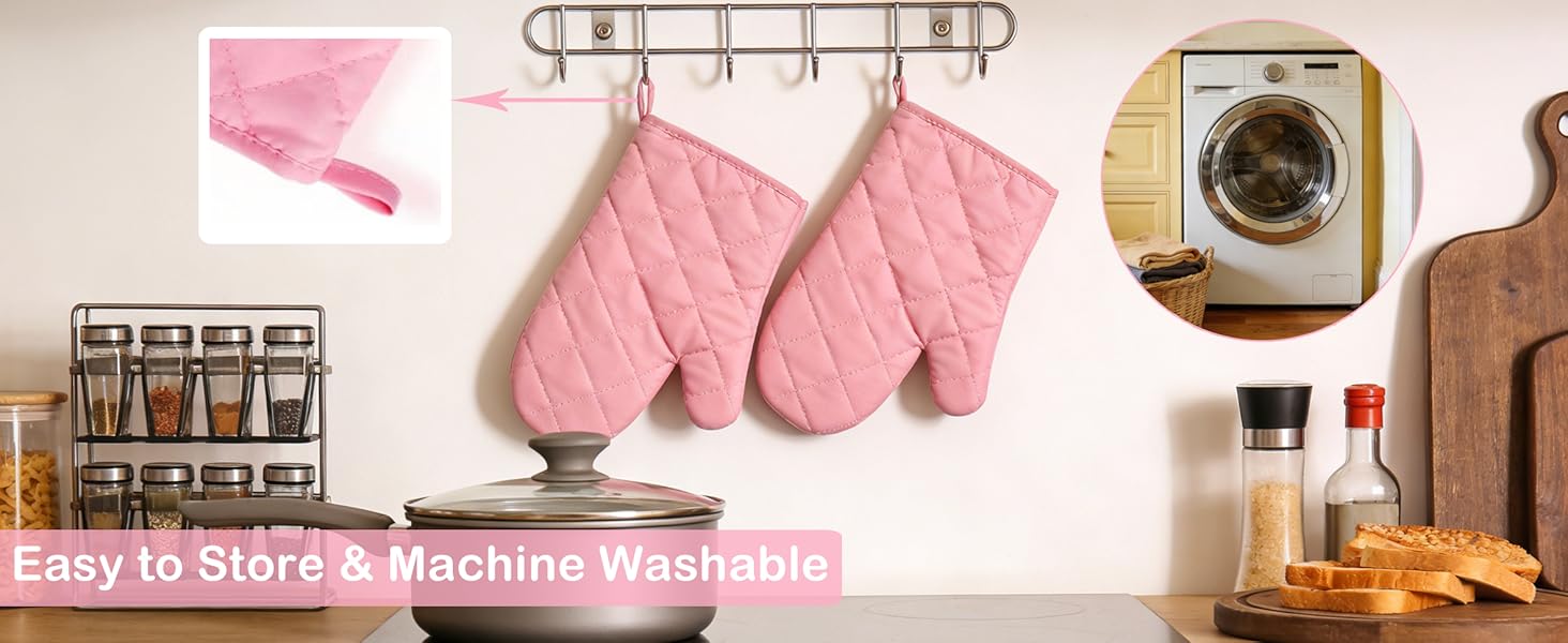 Heat Resistant Thick Cotton Oven Mitts Set, Soft Quilted Lining, Strong Grip Potholders for Hot Pans and Oven, Kitchen Mitt Pair Protect Hands, Cooking Baking BBQ Gloves, 11 Inch, Pink