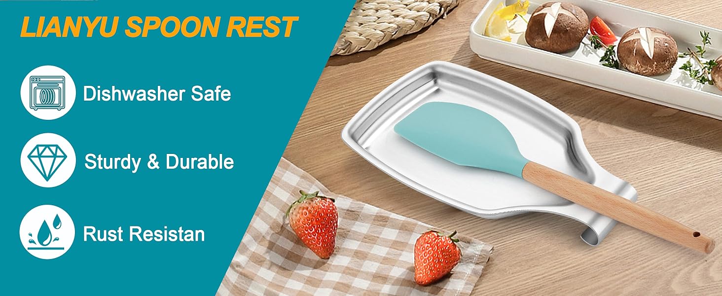 LIANYU Spoon Rest for Kitchen Counter, Stainless Steel Spoon Ladle Holder for Stove Top, Spatula Utensil Holder with Square Bottom, Heavy Duty, Dishwasher Safe