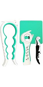 Otstar Jar Opener & Bottle Opener Set for Weak Hands - Multi-Function Kitchen Opener Tool for Seniors with Arthritis, Elderly - Includes Jar Lid Gripper Pad, Corkscrew Opener