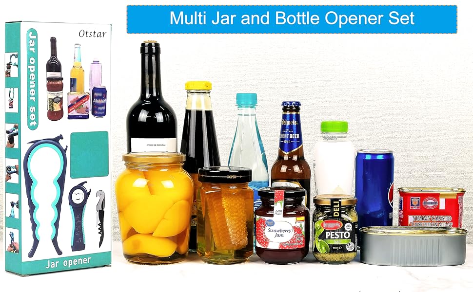 Otstar Jar Opener & Bottle Opener Set for Weak Hands - Multi-Function Kitchen Opener Tool for Seniors with Arthritis, Elderly - Includes Jar Lid Gripper Pad, Corkscrew Opener