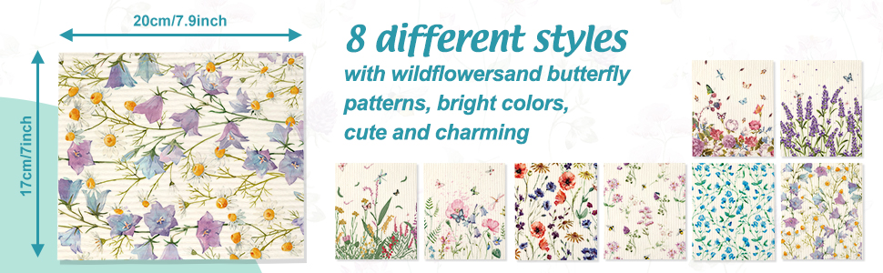 Vesici 8 Pieces Wildflowers Swedish Kitchen Dishcloths - Butterflies and Flowers Towels Set Absorbent Dish Cleaning Cloths Reusable Sponge Quick Drying Dishcloths for Home Kitchen Cleaning