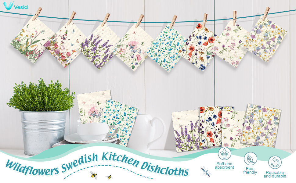 Vesici 8 Pieces Wildflowers Swedish Kitchen Dishcloths - Butterflies and Flowers Towels Set Absorbent Dish Cleaning Cloths Reusable Sponge Quick Drying Dishcloths for Home Kitchen Cleaning