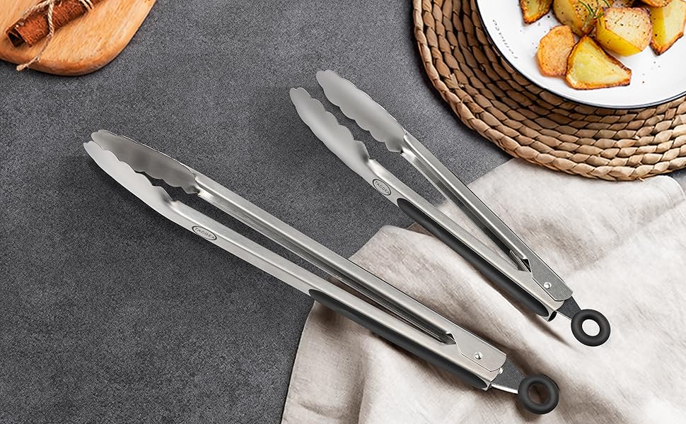 TACGEA Stainless Steel Kitchen Tongs, Silicone Non-slip Grip, Locking Grilling Food Tongs Set of 2, 9-inch & 12-inch