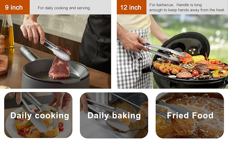 TACGEA Stainless Steel Kitchen Tongs, Silicone Non-slip Grip, Locking Grilling Food Tongs Set of 2, 9-inch & 12-inch