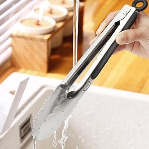 TACGEA Stainless Steel Kitchen Tongs, Silicone Non-slip Grip, Locking Grilling Food Tongs Set of 2, 9-inch & 12-inch