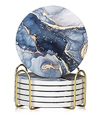 Coasters Set of 6, Navy Blue Marble Abstract Round Ceramic Coasters with Holder, Best Absorbent Drink Coaster Set, Coffee Table Decor for Home Decor House Warming Gifts New Home