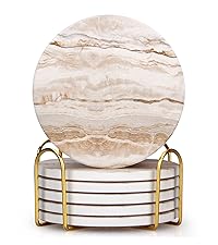 Coasters Set of 6, Navy Blue Marble Abstract Round Ceramic Coasters with Holder, Best Absorbent Drink Coaster Set, Coffee Table Decor for Home Decor House Warming Gifts New Home