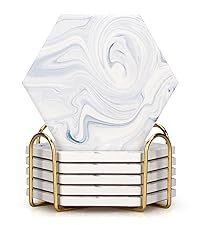 Coasters Set of 6, Navy Blue Marble Abstract Round Ceramic Coasters with Holder, Best Absorbent Drink Coaster Set, Coffee Table Decor for Home Decor House Warming Gifts New Home