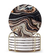 Coasters Set of 6, Navy Blue Marble Abstract Round Ceramic Coasters with Holder, Best Absorbent Drink Coaster Set, Coffee Table Decor for Home Decor House Warming Gifts New Home