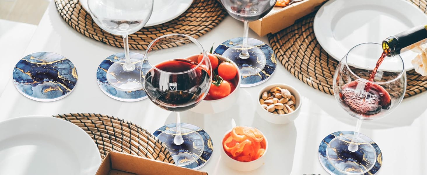 Coasters Set of 6, Navy Blue Marble Abstract Round Ceramic Coasters with Holder, Best Absorbent Drink Coaster Set, Coffee Table Decor for Home Decor House Warming Gifts New Home