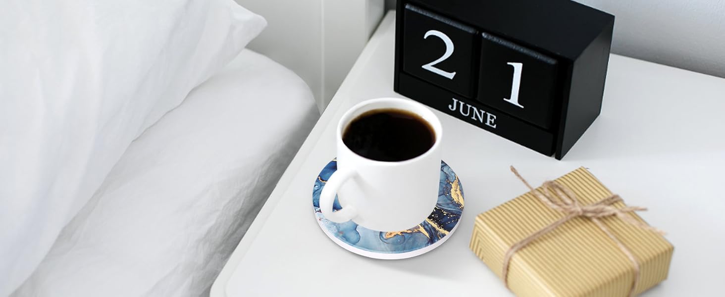 Coasters Set of 6, Navy Blue Marble Abstract Round Ceramic Coasters with Holder, Best Absorbent Drink Coaster Set, Coffee Table Decor for Home Decor House Warming Gifts New Home