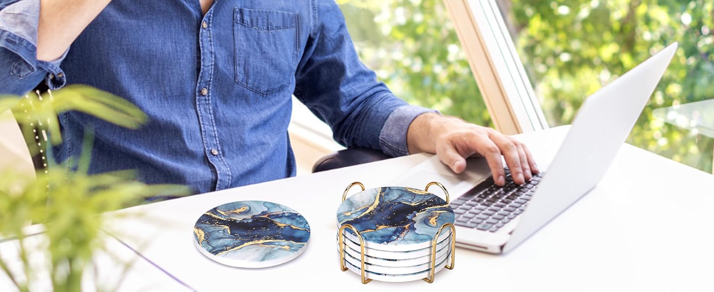 Coasters Set of 6, Navy Blue Marble Abstract Round Ceramic Coasters with Holder, Best Absorbent Drink Coaster Set, Coffee Table Decor for Home Decor House Warming Gifts New Home