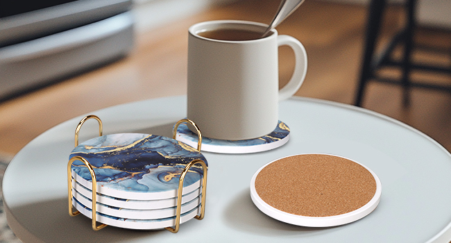 Coasters Set of 6, Navy Blue Marble Abstract Round Ceramic Coasters with Holder, Best Absorbent Drink Coaster Set, Coffee Table Decor for Home Decor House Warming Gifts New Home