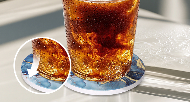 Coasters Set of 6, Navy Blue Marble Abstract Round Ceramic Coasters with Holder, Best Absorbent Drink Coaster Set, Coffee Table Decor for Home Decor House Warming Gifts New Home