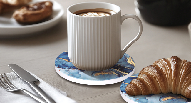 Coasters Set of 6, Navy Blue Marble Abstract Round Ceramic Coasters with Holder, Best Absorbent Drink Coaster Set, Coffee Table Decor for Home Decor House Warming Gifts New Home