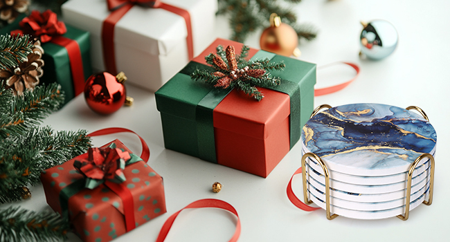 Coasters Set of 6, Navy Blue Marble Abstract Round Ceramic Coasters with Holder, Best Absorbent Drink Coaster Set, Coffee Table Decor for Home Decor House Warming Gifts New Home