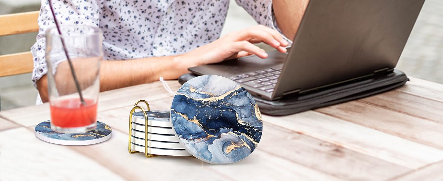 Coasters Set of 6, Navy Blue Marble Abstract Round Ceramic Coasters with Holder, Best Absorbent Drink Coaster Set, Coffee Table Decor for Home Decor House Warming Gifts New Home