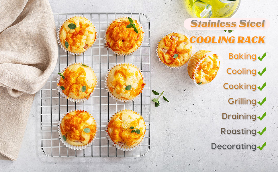 Small Baking Cooling Rack Set of 2, E-far Stainless Steel Toaster Oven Rack for Cooking Roasting Grilling Meat, 8.6” x 6.2” Metal Bakeable Wire Racks for Cookie Cake Bacon - Dishwasher Safe