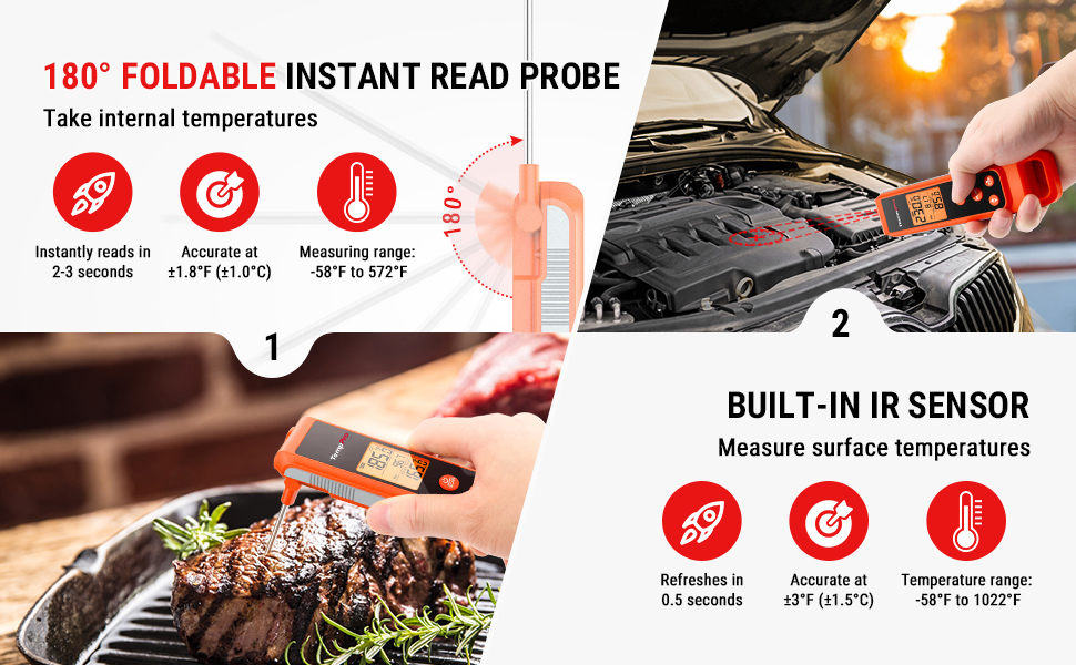 TempPro TP420 2-in-1 Instant Read Thermometer for Cooking, Infrared Thermometer with Meat Probe, Non-Contact Laser Meat Thermometer for Griddle Grill Pizza Oven HVAC Pool (Previously ThermoPro)