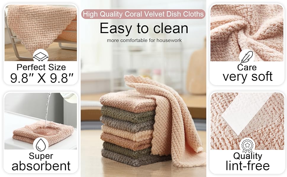K&janet6am Dish Towels for Kitchen, 8 Pack Premium Coral Velvet Dish Cloths for Washing Dishes, Super Absorbent Coral Fleece Cleaning Cloths, Nonstick Oil Washable Fast Drying Rags