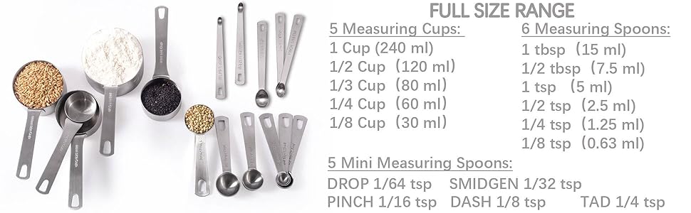 16 Pcs Stainless Steel Measuring Cups and Measuring Spoons Set, Heavy Duty Metal Measuring Cups and Scoops for Kitchen Cooking Baking Includes 5 Cups, 6 Tbsp Tsp Spoons & 5 Mini Spoons(BLK)