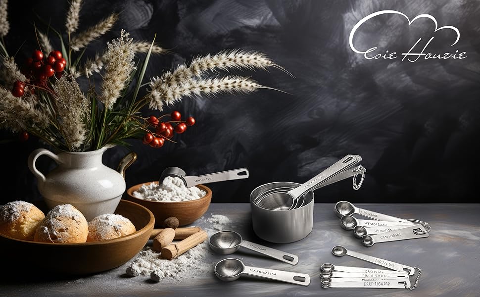 16 Pcs Stainless Steel Measuring Cups and Measuring Spoons Set, Heavy Duty Metal Measuring Cups and Scoops for Kitchen Cooking Baking Includes 5 Cups, 6 Tbsp Tsp Spoons & 5 Mini Spoons(BLK)