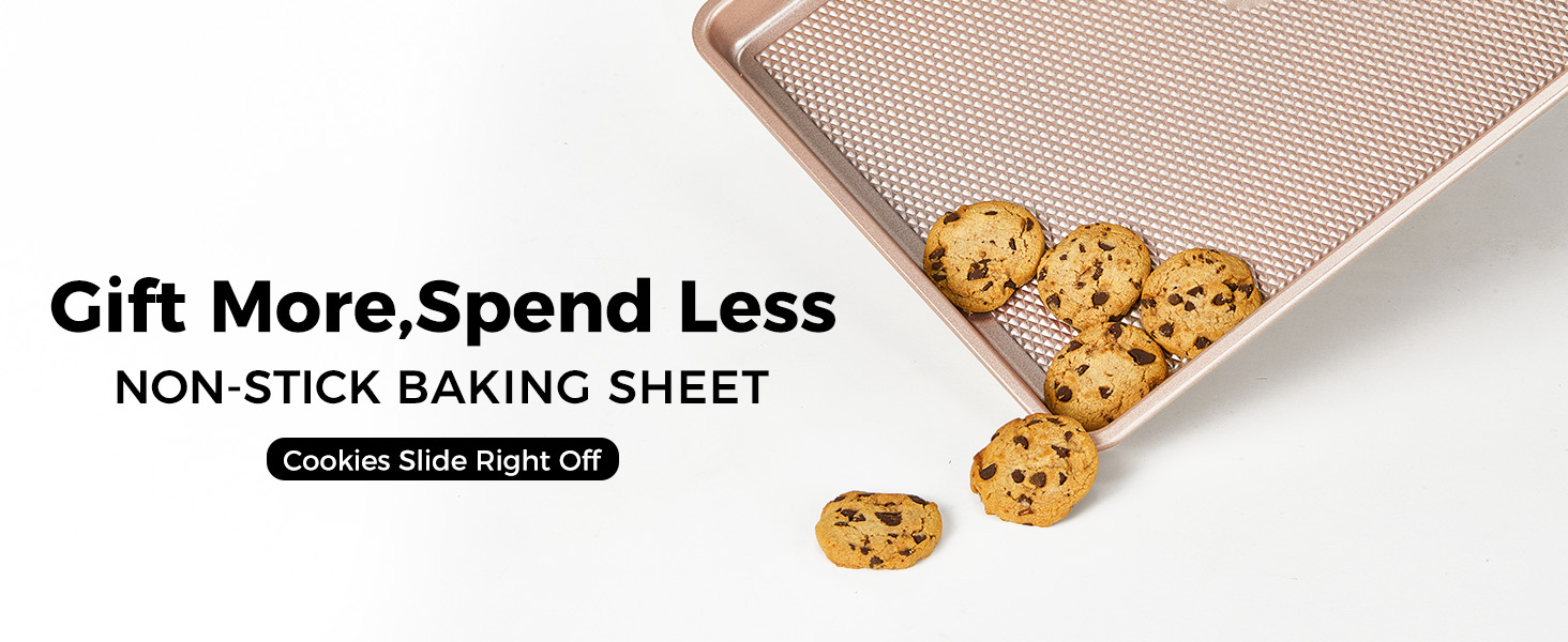 HONGBAKE Baking Sheet Pan Set of 3, Cookie Sheets for Oven, Nonstick Half/Quarter/Jelly Roll Pans with Diamond Texture Pattern, 0.8mm Thick Heavy Duty Cookie Tray, Champagne Gold