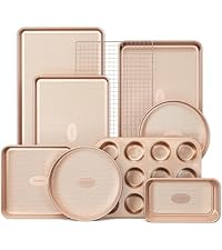 HONGBAKE Baking Sheet Pan Set of 3, Cookie Sheets for Oven, Nonstick Half/Quarter/Jelly Roll Pans with Diamond Texture Pattern, 0.8mm Thick Heavy Duty Cookie Tray, Champagne Gold