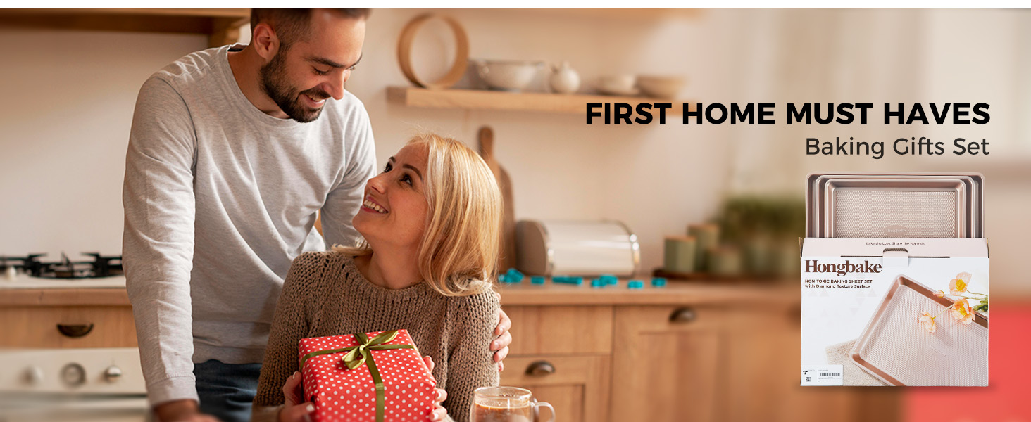 HONGBAKE Baking Sheet Pan Set of 3, Cookie Sheets for Oven, Nonstick Half/Quarter/Jelly Roll Pans with Diamond Texture Pattern, 0.8mm Thick Heavy Duty Cookie Tray, Champagne Gold