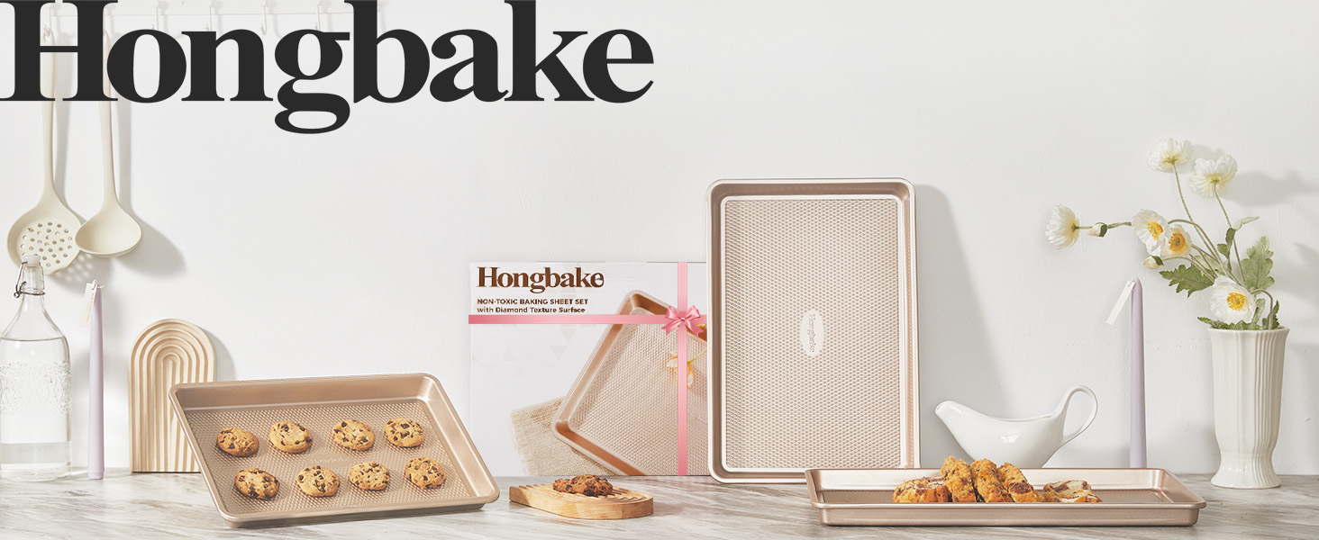 HONGBAKE Baking Sheet Pan Set of 3, Cookie Sheets for Oven, Nonstick Half/Quarter/Jelly Roll Pans with Diamond Texture Pattern, 0.8mm Thick Heavy Duty Cookie Tray, Champagne Gold