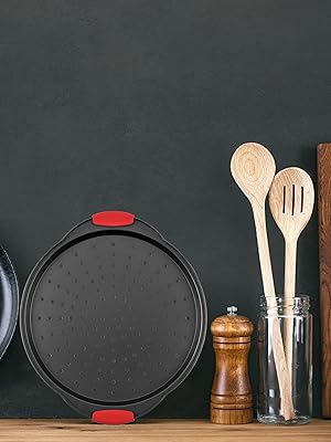 NutriChef 2-Piece 13-Inch Nonstick Pizza Tray, Round Carbon Steel Non-Stick Pizza Pan with Perforated Holes, Premium Bakeware Pizza Screen with Silicone Grip Handles, Dishwasher Safe, NCBPIZX2