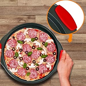 NutriChef 2-Piece 13-Inch Nonstick Pizza Tray, Round Carbon Steel Non-Stick Pizza Pan with Perforated Holes, Premium Bakeware Pizza Screen with Silicone Grip Handles, Dishwasher Safe, NCBPIZX2