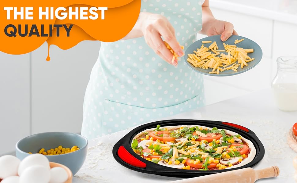 NutriChef 2-Piece 13-Inch Nonstick Pizza Tray, Round Carbon Steel Non-Stick Pizza Pan with Perforated Holes, Premium Bakeware Pizza Screen with Silicone Grip Handles, Dishwasher Safe, NCBPIZX2