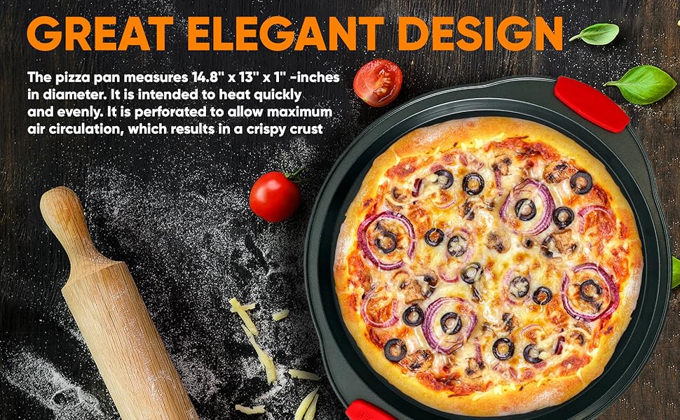 NutriChef 2-Piece 13-Inch Nonstick Pizza Tray, Round Carbon Steel Non-Stick Pizza Pan with Perforated Holes, Premium Bakeware Pizza Screen with Silicone Grip Handles, Dishwasher Safe, NCBPIZX2