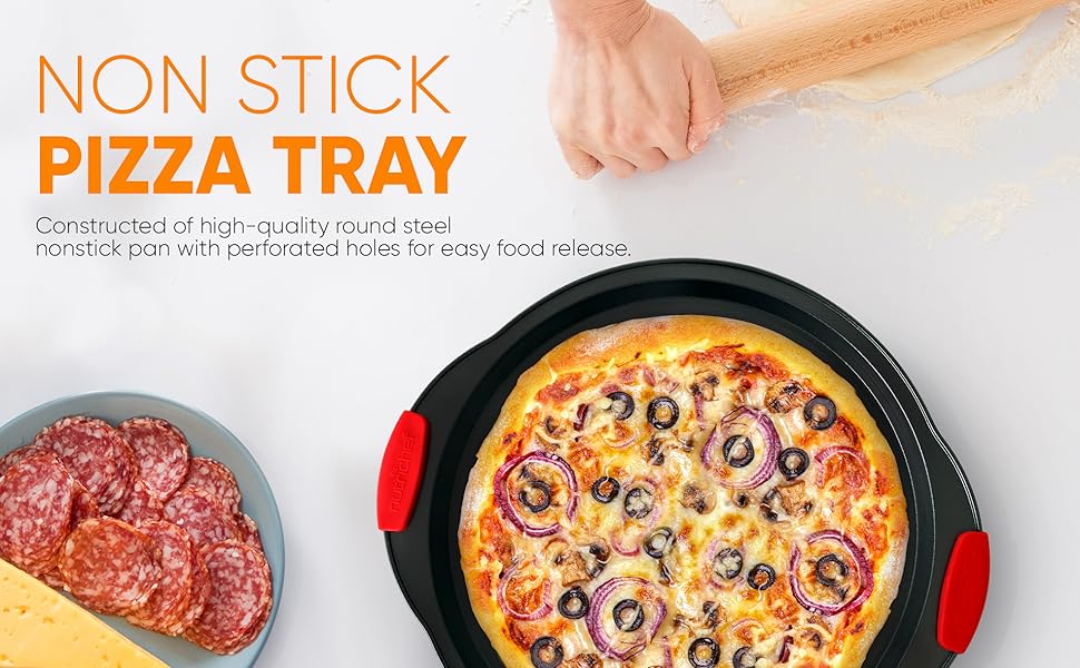 NutriChef 2-Piece 13-Inch Nonstick Pizza Tray, Round Carbon Steel Non-Stick Pizza Pan with Perforated Holes, Premium Bakeware Pizza Screen with Silicone Grip Handles, Dishwasher Safe, NCBPIZX2
