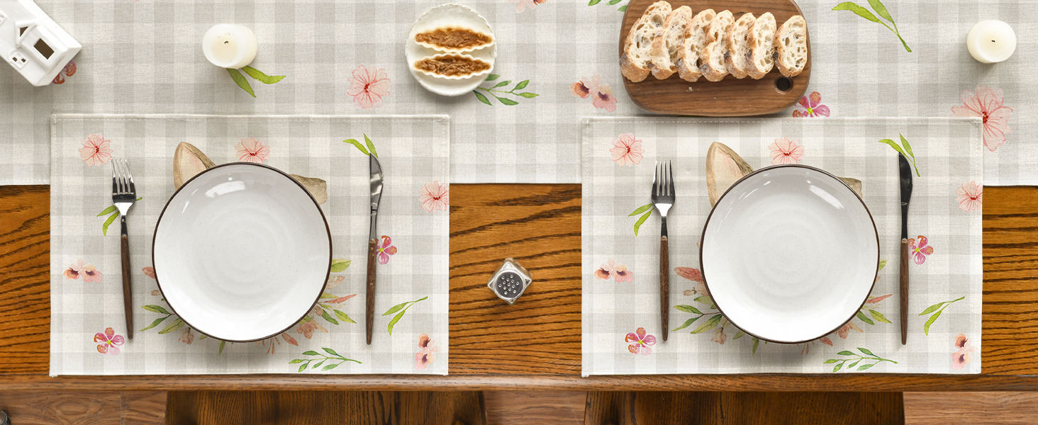 Artoid Mode Buffalo Plaid Bunny Rabbit Ears Flower Easter Placemats for Dining Table, 12 x 18 Inch Spring Summer Seasonal Holiday Rustic Vintage Washable Table Mats Set of 4
