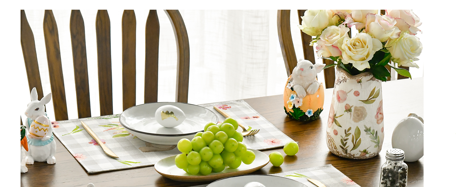 Artoid Mode Buffalo Plaid Bunny Rabbit Ears Flower Easter Placemats for Dining Table, 12 x 18 Inch Spring Summer Seasonal Holiday Rustic Vintage Washable Table Mats Set of 4