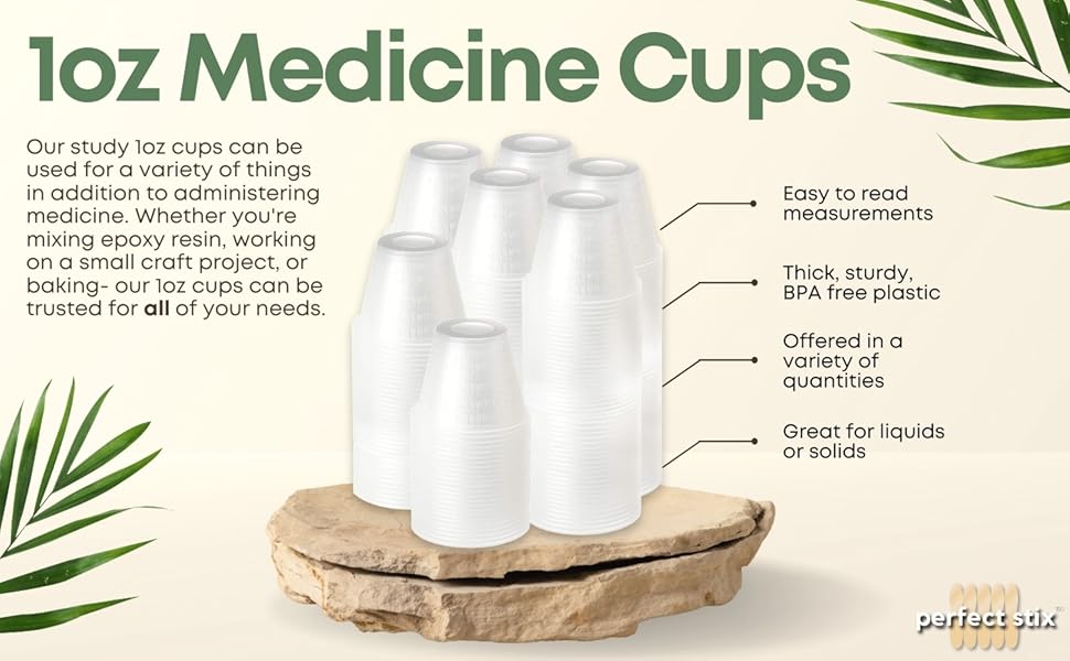 [300 Count - 1 oz.] Perfect Stix Disposable Graduated Plastic Medicine Cups - For Mixed Pills, Medication Measuring, Resin Mixing, Mouthwash
