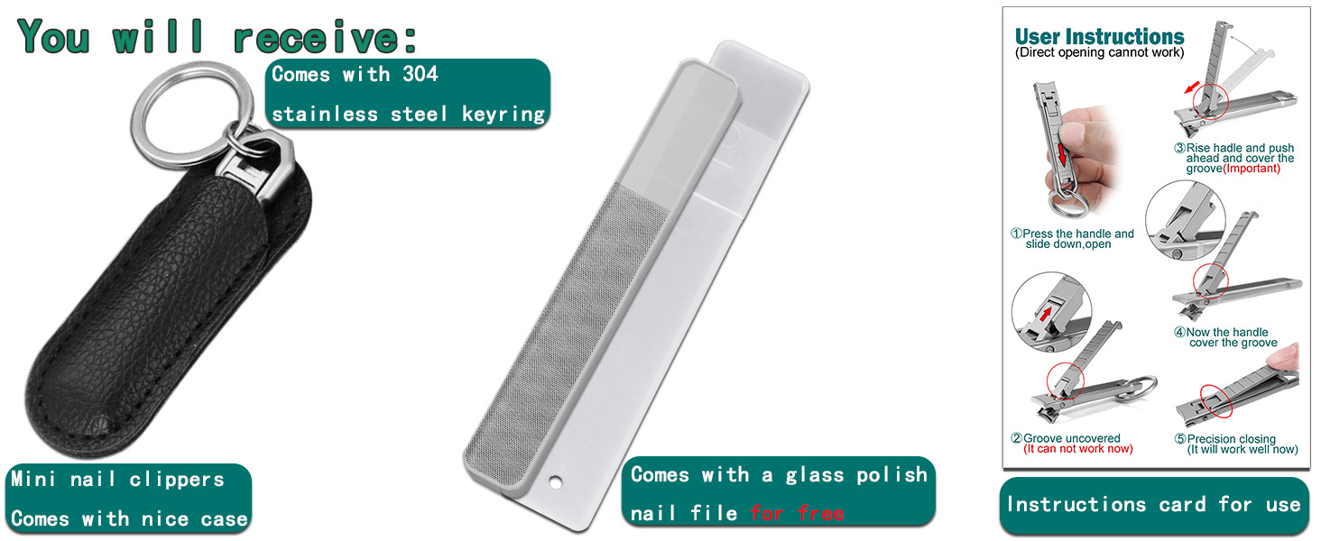 Nail Clippers for Natural Finger Nails Ultra Thin Mini Travel Portable Folding Wide Jaw Cutter with Glass Nail File Curved Trimmer for Fingernail Toenail, with Keychain(X021DB-S)