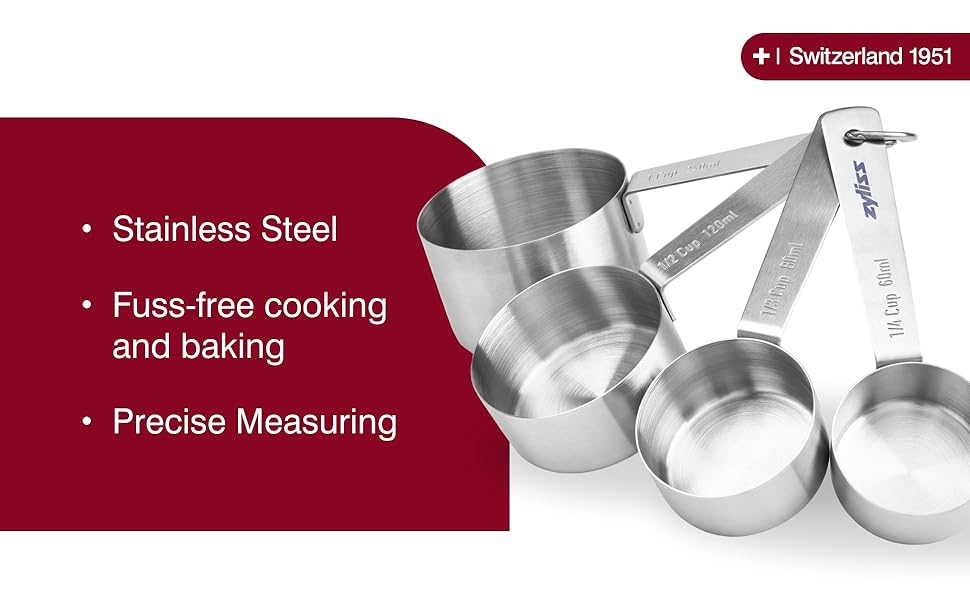 Zyliss Premium Stainless Steel Measuring Cups - Stainless Steel Measuring Cup Set - Dry Ingredient Nesting Measuring Cups - Premium Bakeware & Kitchen Tools - 4 Piece
