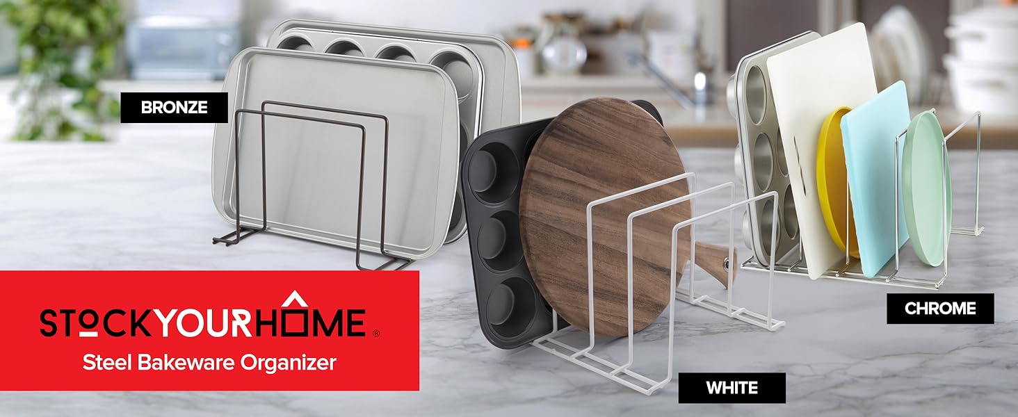 Stock Your Home Kitchen Cabinet Organizer, Chrome (2 Pack) Steel Baking Sheet Holder with 4 Slots for Cabinet, Bakeware Organizer, Divider for Cutting Boards, Pot Lids, Pan Lids, Cookie Sheets