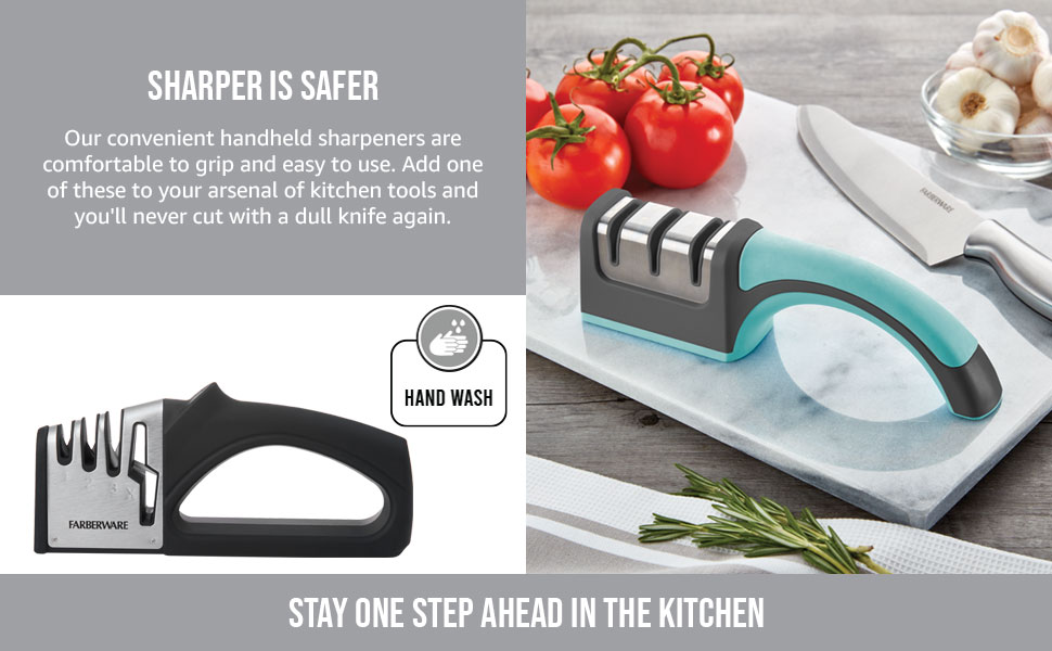 Farberware 3-Stage Knife Sharpener – Manual Kitchen Knife Sharpener with Diamond, Tungsten & Ceramic Sharpening Slots, Non-Slip Base, Ergonomic Handle, Handheld Knife Sharpening Tool, Black