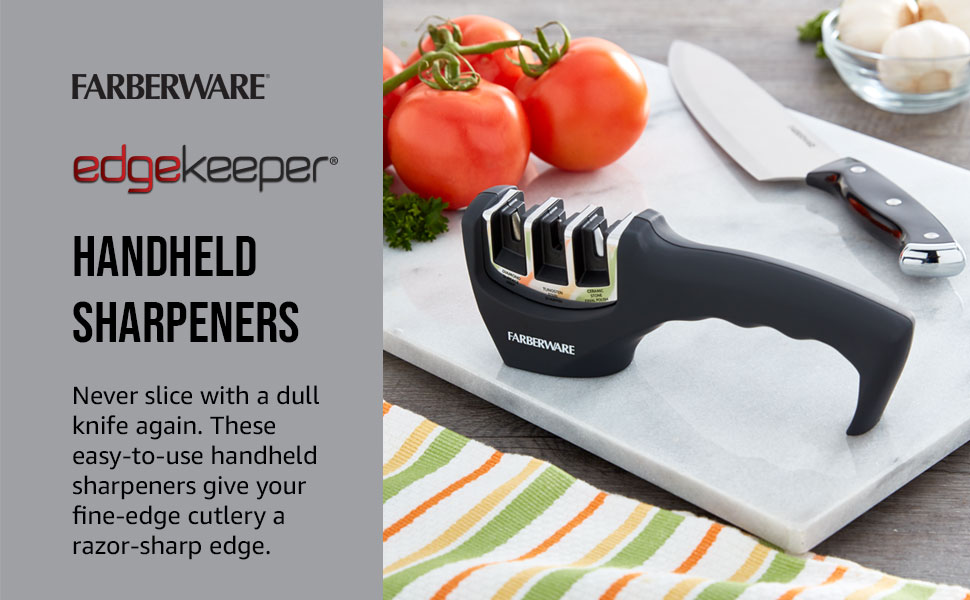 Farberware 3-Stage Knife Sharpener – Manual Kitchen Knife Sharpener with Diamond, Tungsten & Ceramic Sharpening Slots, Non-Slip Base, Ergonomic Handle, Handheld Knife Sharpening Tool, Black